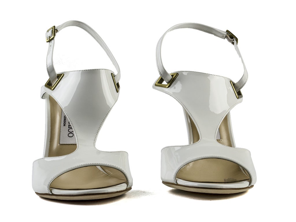 Jimmy Choo 'Elle' White Patent Leather Sandals In New Condition In San Diego, CA