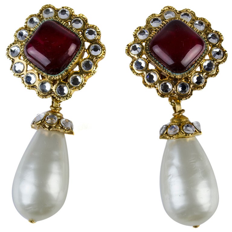 Chanel Vintage Ruby Pearl Drop Earrings For Sale at 1stDibs