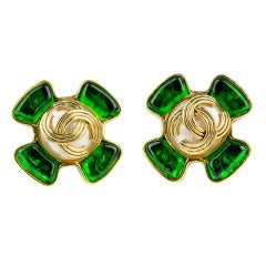 Chanel Vintage 94A Green Glass Earrings