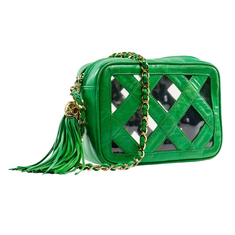 Chanel Vintage Green Lambskin Leather & Clear Camera Bag