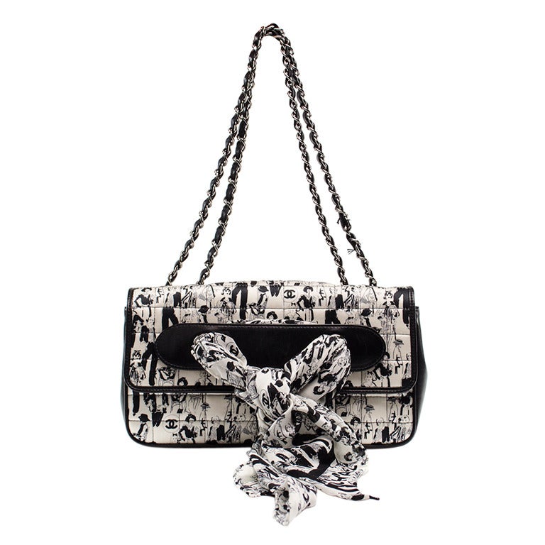 Chanel Black & White Silk Coco Mademoiselle Scarf Shoulder Flap Bag