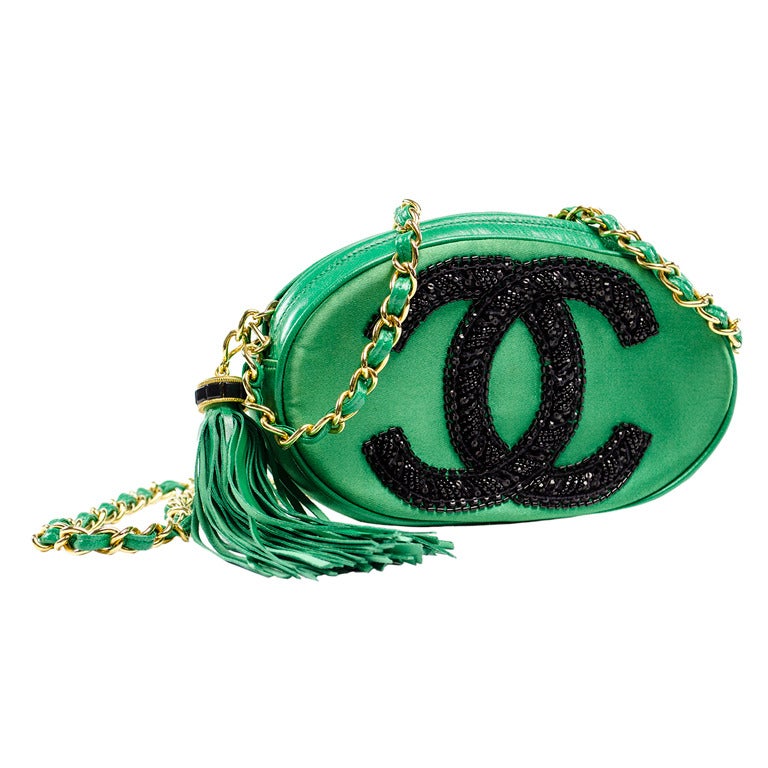 Chanel Vintage Green Satin and Leather Sequin Crossbody Bag For