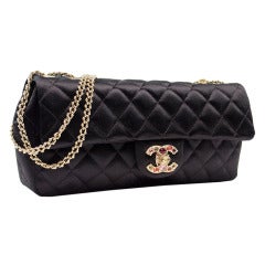 Chanel Black Satin Jeweled East West Flap Bag