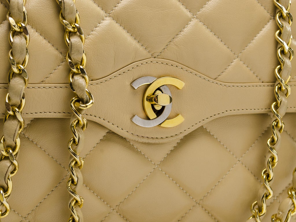 Chanel Beige Lambskin Leather Flap Bag In Excellent Condition In San Diego, CA