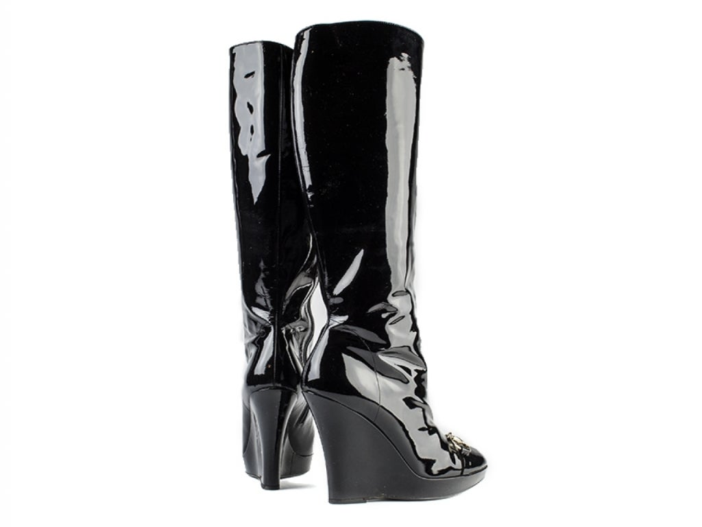 Women's Gucci Black Patent Leather Wedge Boots For Sale