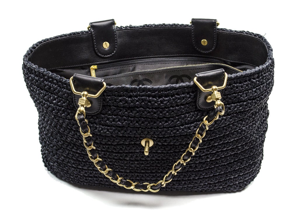 Chanel CHANEL Straw Chain Tote Shoulder Bag Black EIT0716 – NUIR
