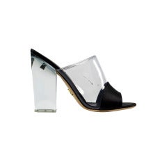 Prada Clear Lucite and Black Satin Mule Sandal Heels