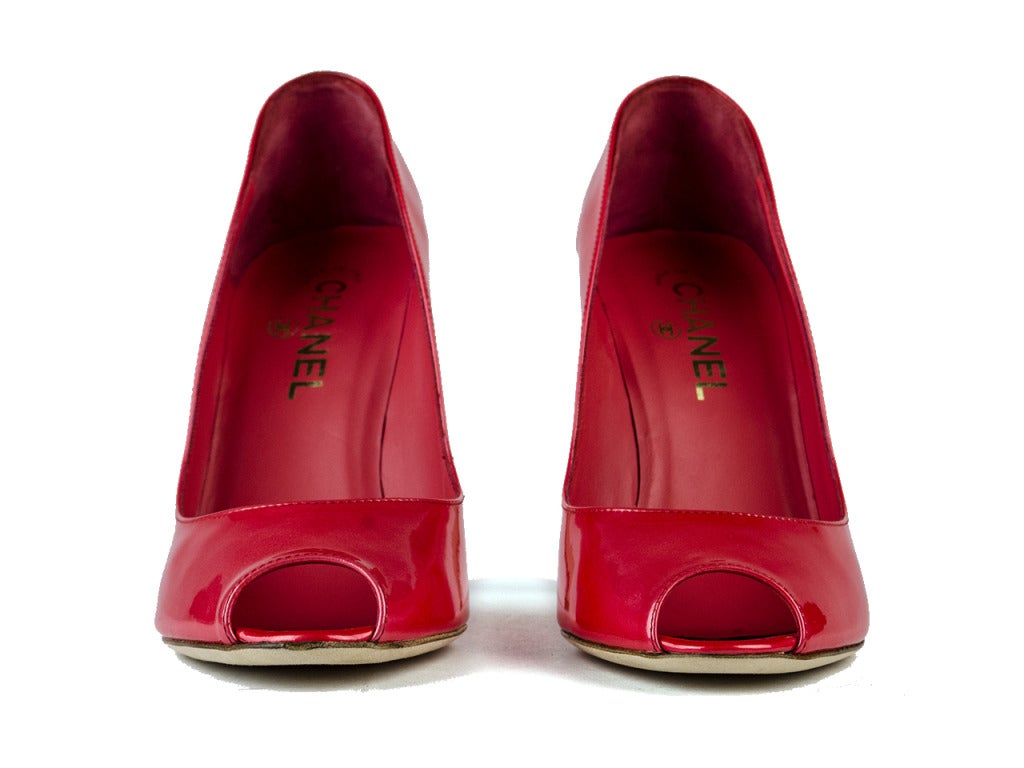 Women's Chanel Coral Patent Leather Peep Toe Heels For Sale