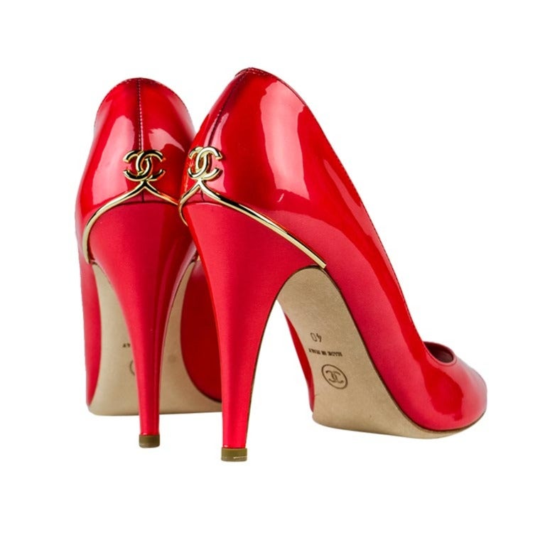 Chanel Coral Patent Leather Peep Toe Heels For Sale