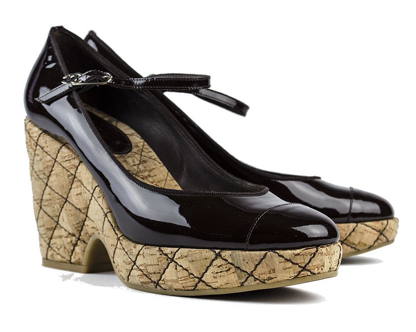 Chanel Patent Leather and Quilted Cork Wedges