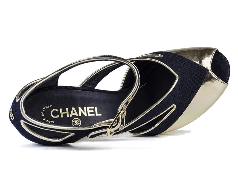 Chanel Navy Suede and Gold Heels For Sale at 1stDibs