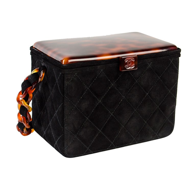 Chanel Black Quilted Suede Tortoise Lucite Top Box Bag