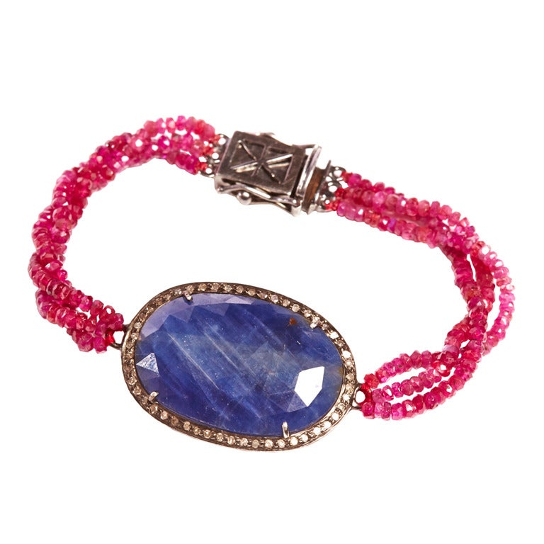 Jade Jagger Oval Blue Sapphire Ruby Bead and Diamond Bracelet For Sale