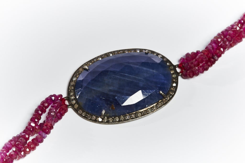 Contemporary Jade Jagger Oval Blue Sapphire Ruby Bead and Diamond Bracelet For Sale