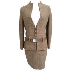 Vintage Chanel Belted Skirt Suit in Rich Wheat Camel Tweed
