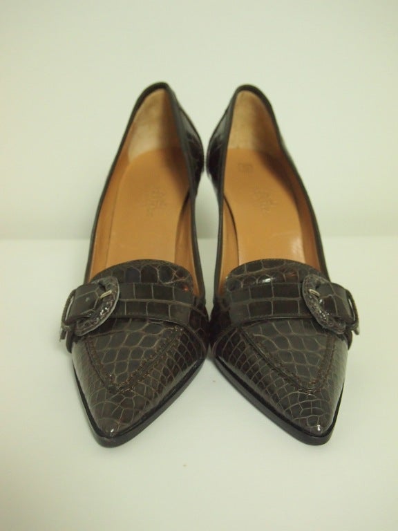 Brandneu Hermes Alligator Schuhe mit Schnalle in Dunkelgrau