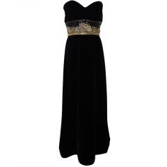 Striking Black Velvet Gown with Gold Beading around Bodice