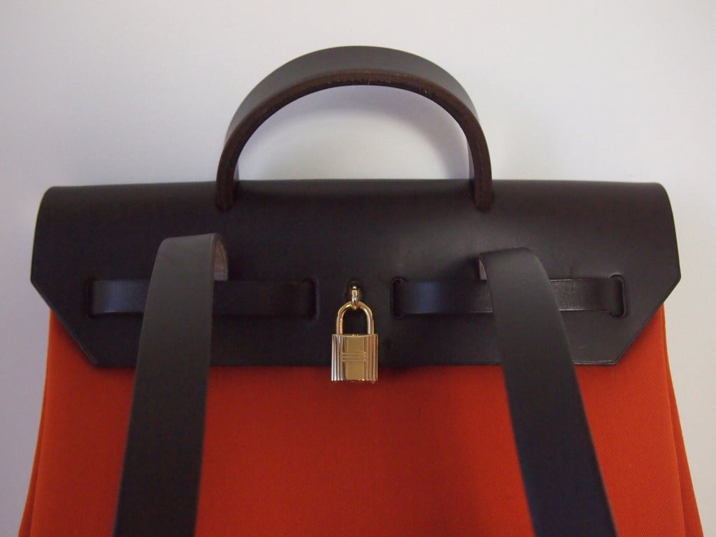 Women's New Hermes Herbag with Red and Orange Canvas with Chocolate Box Leather