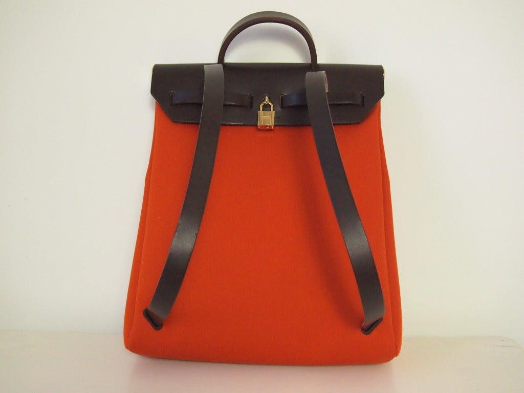 New Hermes Herbag with Red and Orange Canvas with Chocolate Box Leather 1