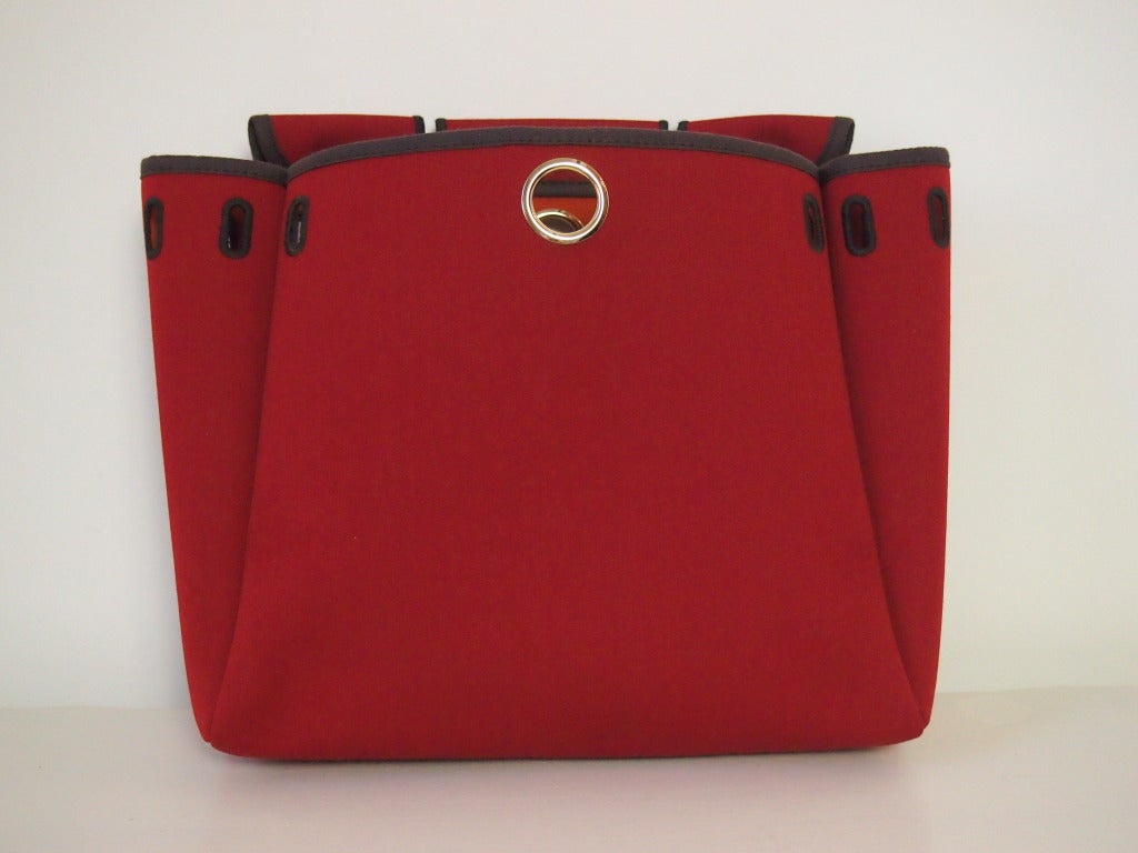 New Hermes Herbag with Red and Orange Canvas with Chocolate Box Leather 2