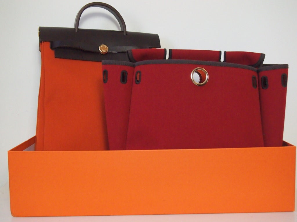 New Hermes Herbag with Red and Orange Canvas with Chocolate Box Leather 3