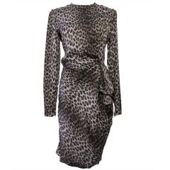 Lanvin long sleeve leopard silk cocktail dress