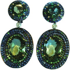 Sapphire, Tsavorite, Diamond and Green Amethyst Earrings