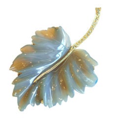 Grey Carved Chalcedony and Diamond Leaf Brooch