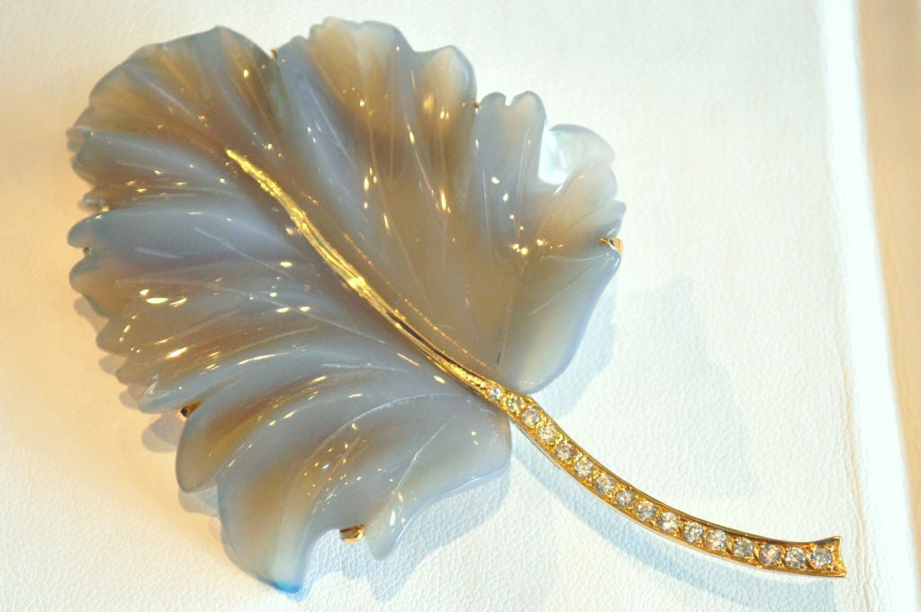 Grey Carved Chalcedony and Diamond Leaf Brooch