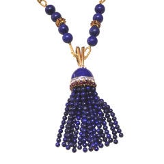 Striking EMIS 18K Lapis, Ruby and Diamond Tassel Necklace