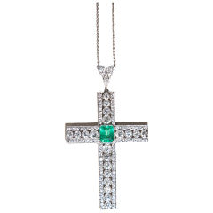 Art Deco Platinum, Emerald and Diamond Cross