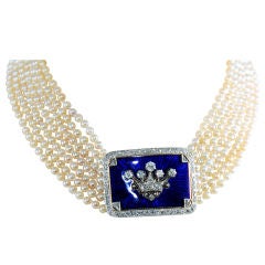 Regal Edwardian Enamel, Diamond and Natural Pearls Necklace