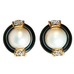 Striking Pearl, Onyx and Diamond Earrings, EMIS