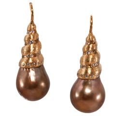 Stunning  CoCo Tahitian Baroque Pearl and Brown Diamond Earrings