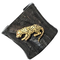 Chic 18k and Enamel Leopard Mounted on Horn Cuff