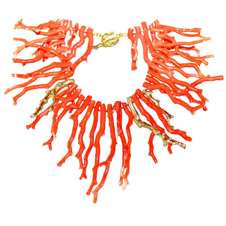 Unique Coral /18k gold /diamond Necklace