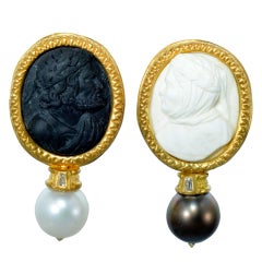 Antique Italian Lava Cameo (18th c.) and Pearl Gold Earrings