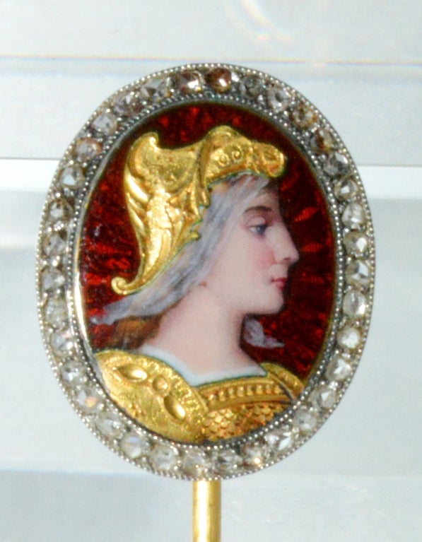 Golay Fils & Stahl 18k Enamel Portrait and Diamond Stick Pin