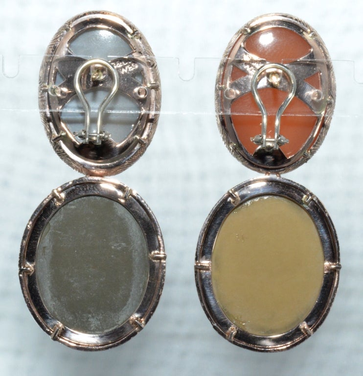 Grey and Apricot Moonstone and Antique (18th c.)Italian Lava Cameo Earrings mounted in 