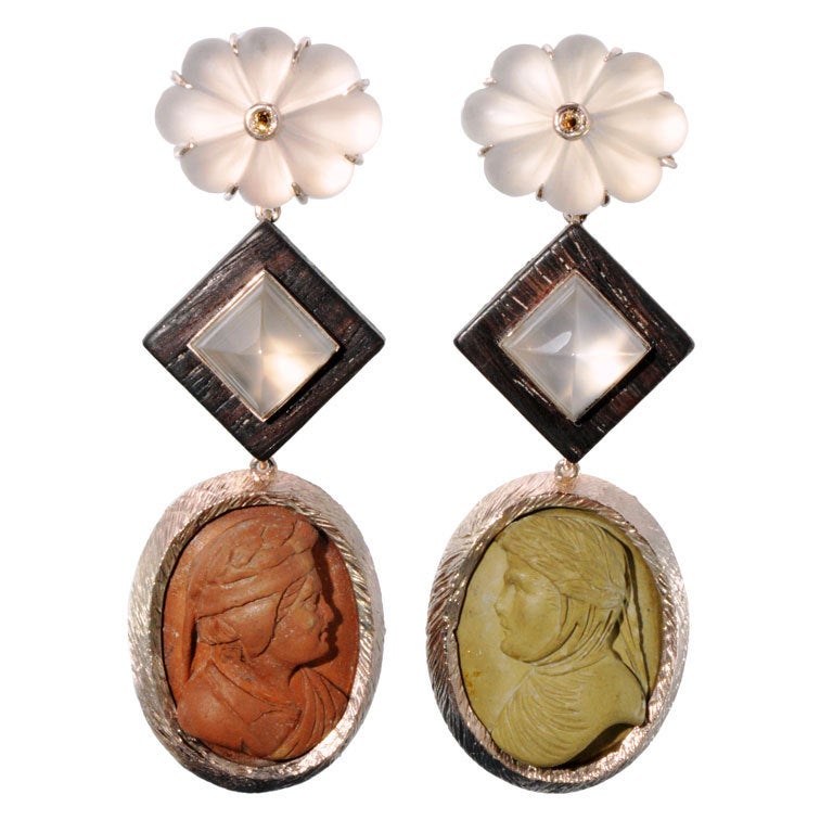 Antique Italian Lava Cameo and Moonstone Earrings For Sale