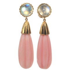 Striking Hand Carved Pink Opal and Moonstone Earrings