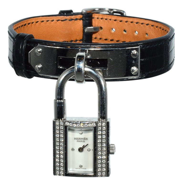 HERMES Lady's Stainless Steel and Diamond Kelly Padlock Watch For Sale