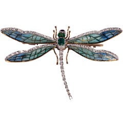Antique Plique de jour, Diamond and Emerald Dragon Fly Brooch