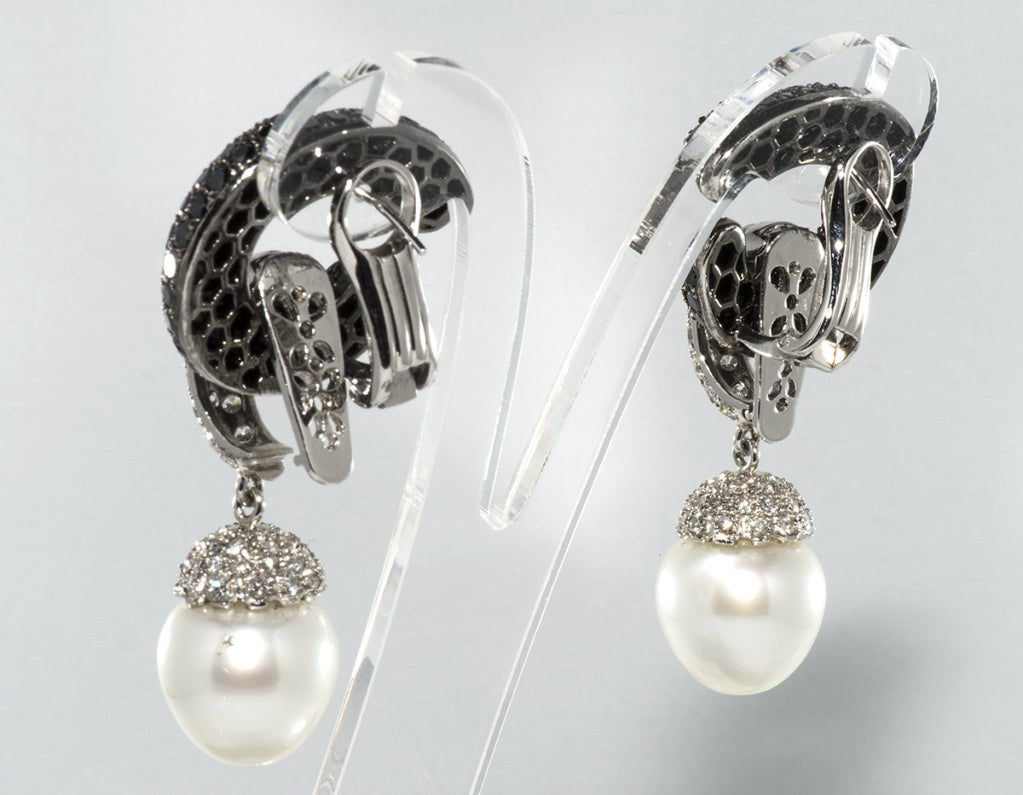 Women's Important Black and White Diamond Earrings with Pearl Drops.