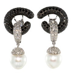 Important Black and White Diamond Earrings with Pearl Drops.