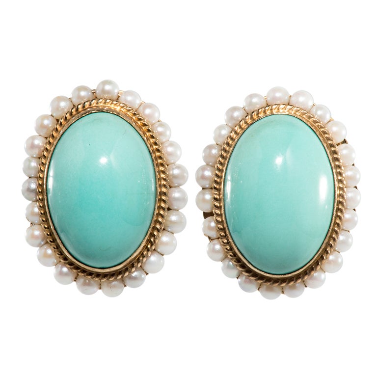 Persian Turquoise and Pearl Earrings For Sale