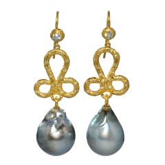 Baroque Silver Grey Tahitian Pearls and Diamond Earrings