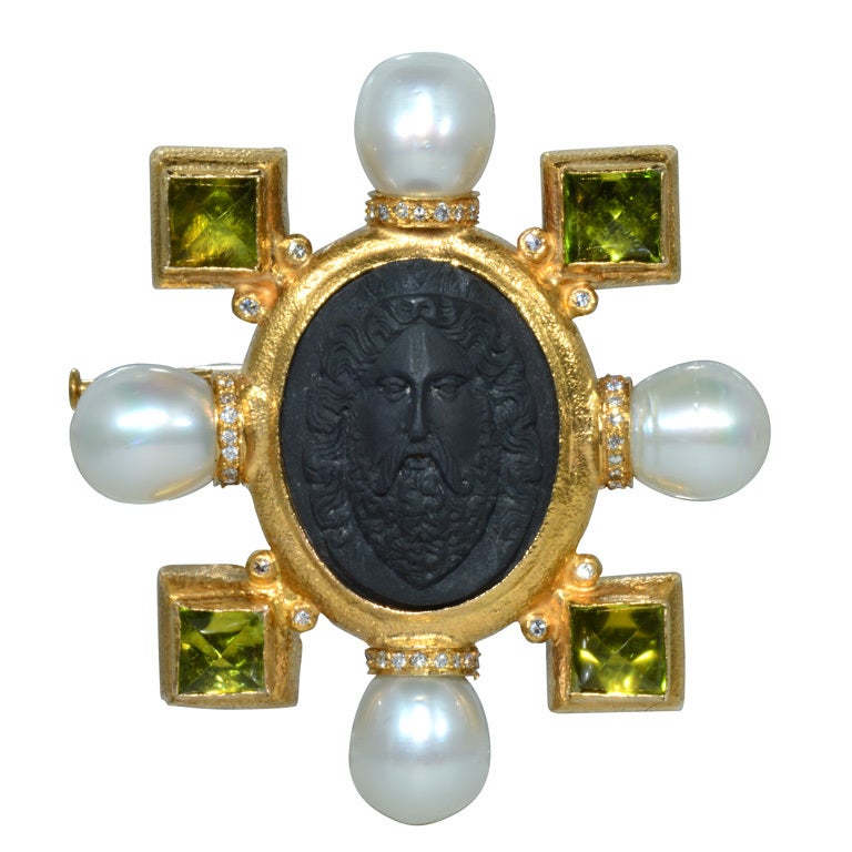 Antique Lava Cameo, Peridot, Pearls and Diamond Brooch For Sale