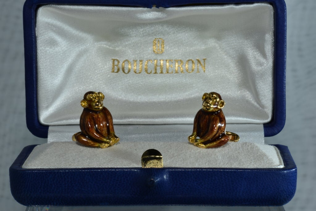 18k Yellow Gold and Enamel Monkey Cufflinks by Boucheron, Paris
in original leather case.