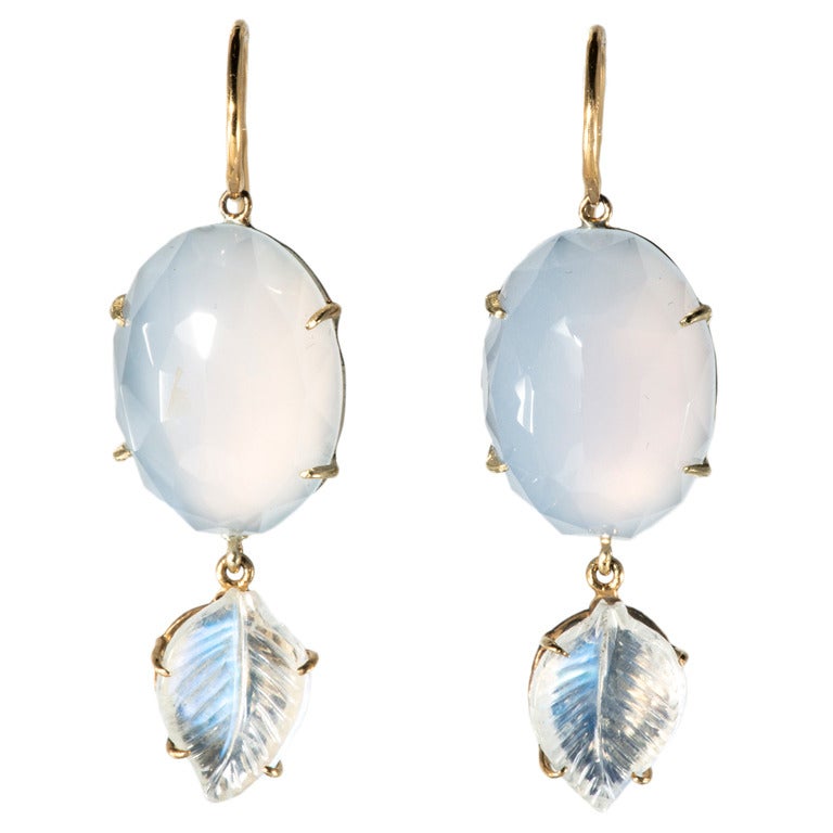 Blue Chalcedony drop Earrings with Moonstone leaves